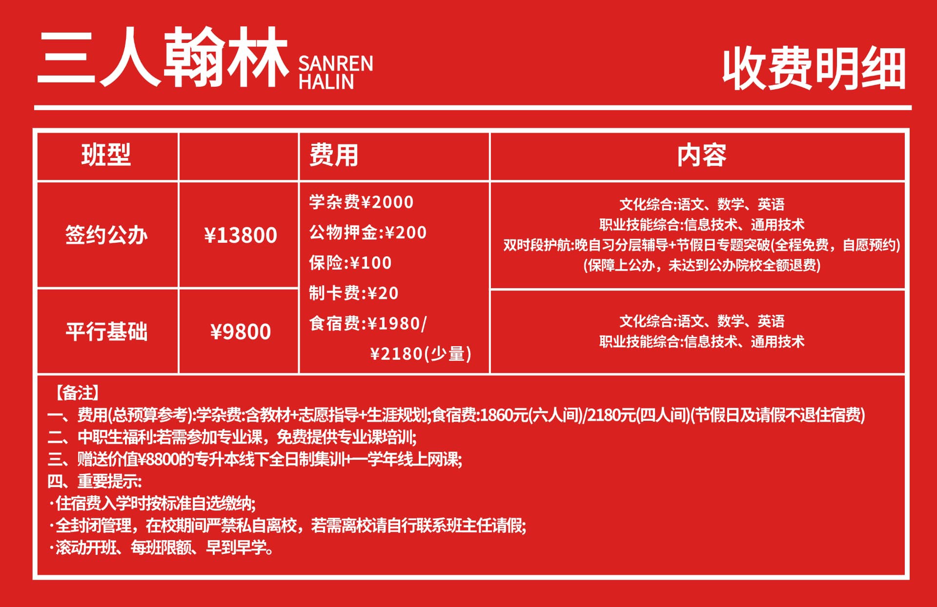普华翰林单招新都校区收费标准